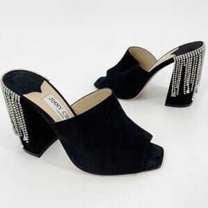 Jimmy Choo Black Suede Baia Crystal Fringe Square Open Toe Mule Heel size IT 37